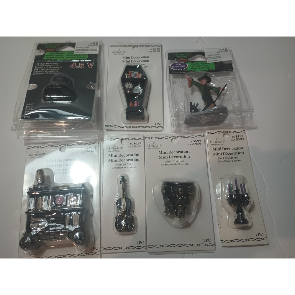Lemax Spooky Town Ashland Halloween Miniatures Lot Witch Cauldron Candelabra NIP